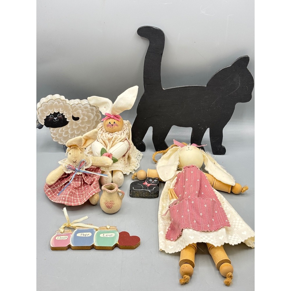 Vintage Primitive Country Decor Lot Wooden Cat Sheep Bunny Dolls Folk Art 8pc‎